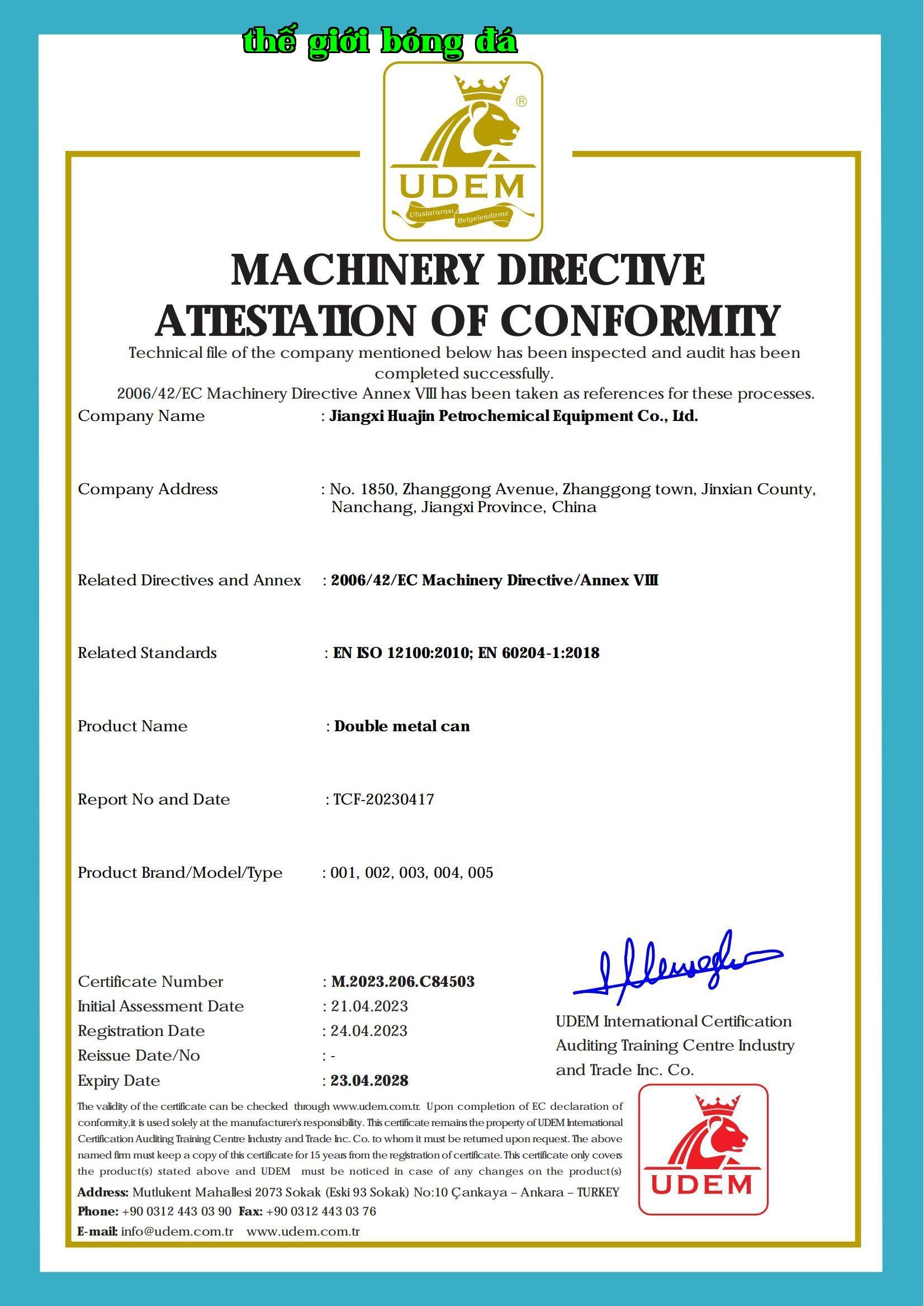 MACHINERY DIRECTIVEATIESTATON OF CONFORMIIY